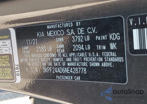 2022 Kia Forte Lxs из США, поврежденный, VIN 3KPF24AD6NE428778